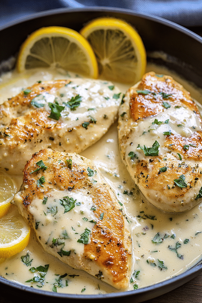 Golden chicken breasts in lemon parmesan cream sauce with fresh herbs and lemon slices