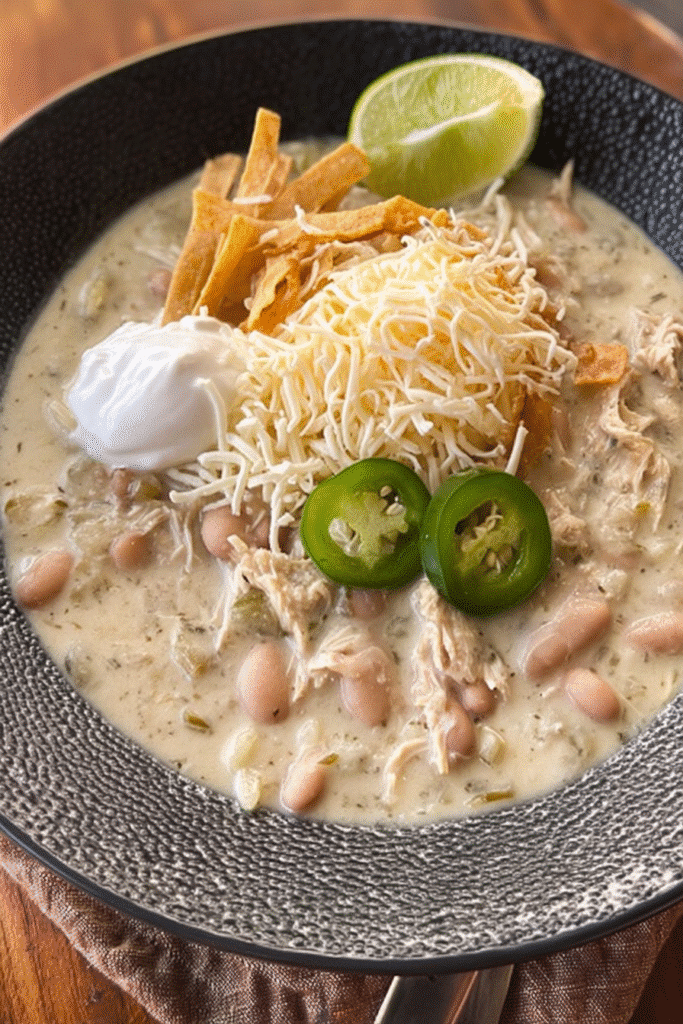 Creamy white chicken chili with pinto beans, shredded cheese, jalapeños, sour cream, and tortilla strips served in a black bowl with a lime wedge.
