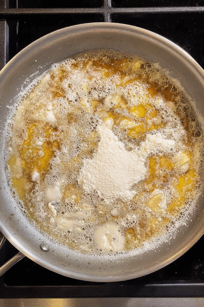 Flour and butter cooking in chicken drippings to make gravy for homestyle chicken and gravy.