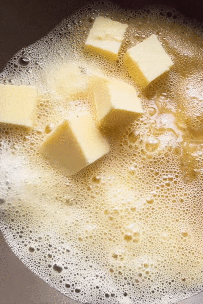 Butter cubes melting and foaming in a pan, the first step to making brown butter apple desserts.