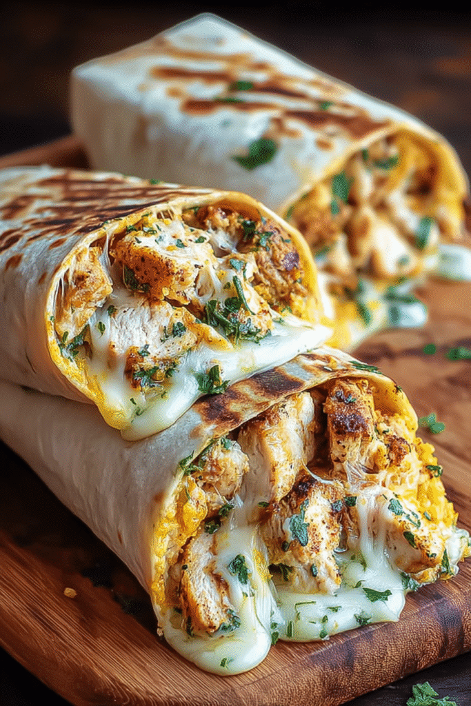 Melty cheesy garlic chicken wraps sliced open on a wooden board, filled with grilled chicken, herbs, and dripping cheese.