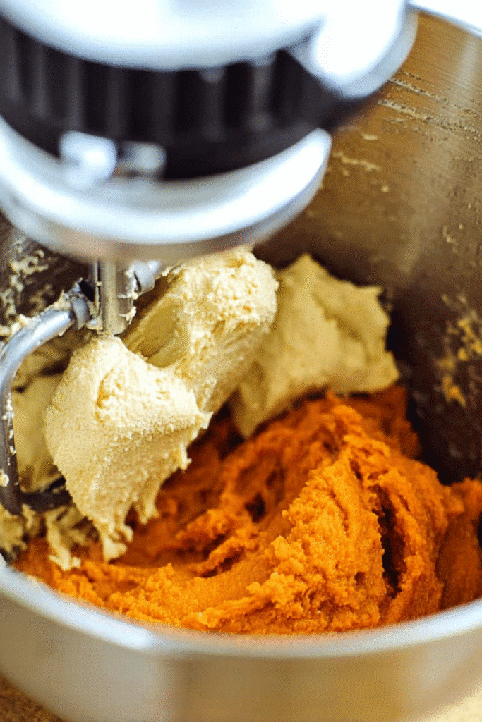 Stand mixer with creamed butter and sugar next to pumpkin puree for pumpkin oatmeal cookies
