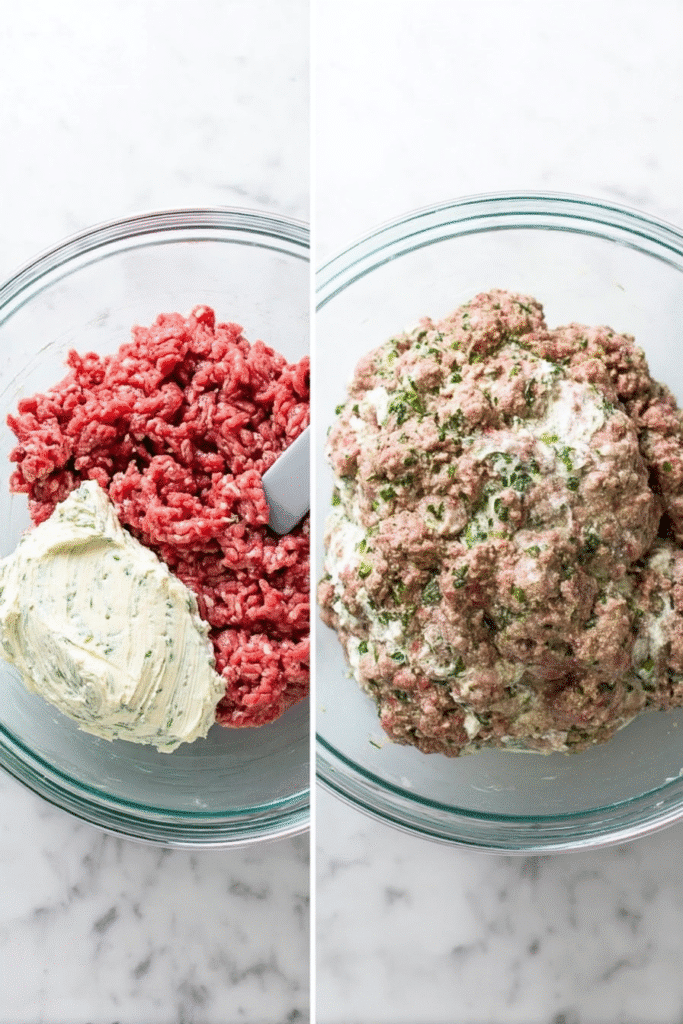 Ricotta meatball mixture being prepared with ground meat and herbed ricotta cheese in glass bowls.