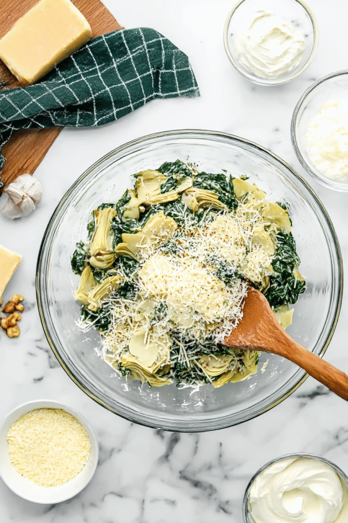 Overhead view of spinach dip mixture with spinach, artichokes, cheese, and garlic in a glass bowl.
