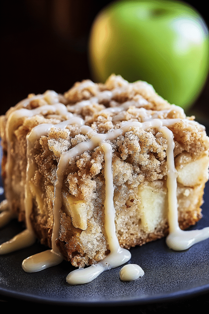 Square slice of apple crumb cake with cinnamon topping and vanilla glaze, served on a black plate with a green apple in the background.
