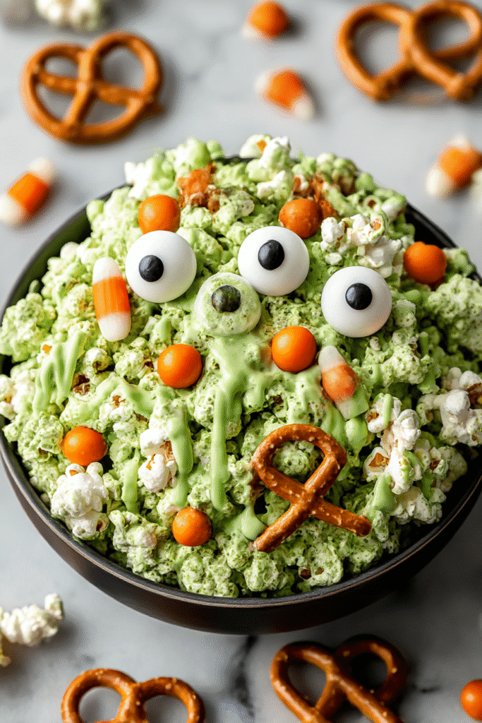 Monster Munch Halloween popcorn recipe. Green popcorn with candy eyes, pretzels, candy corn, and orange candies.