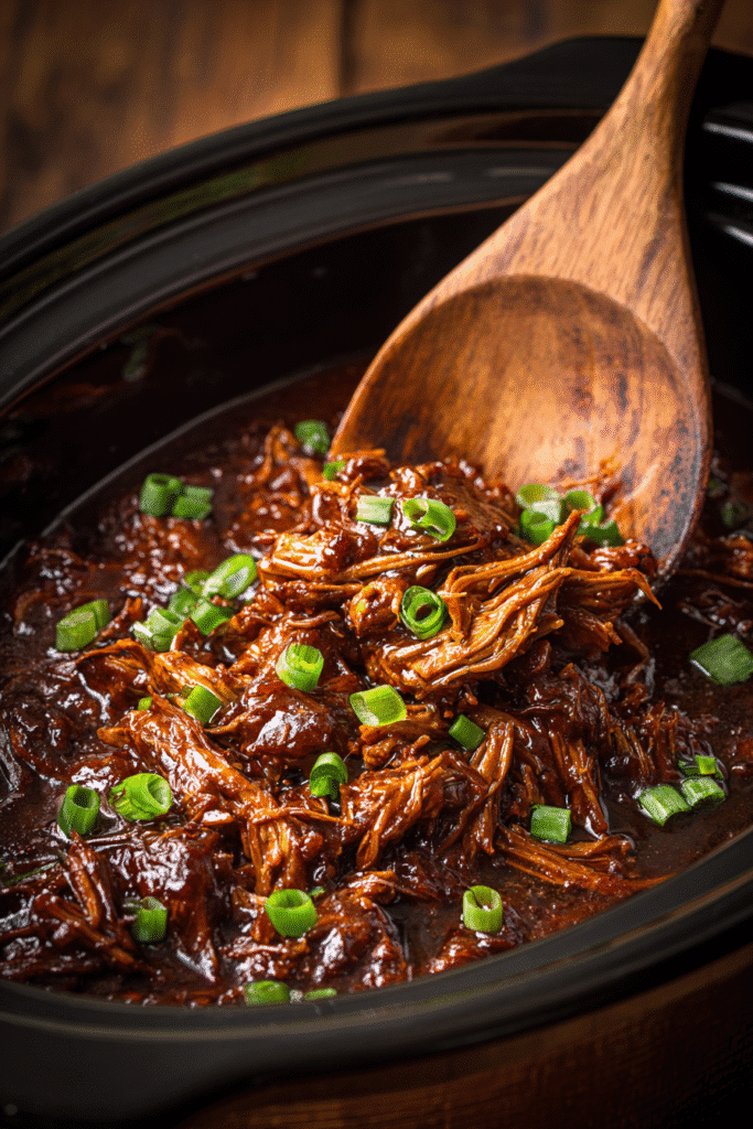 Crock pot bourbon chicken simmering in a rich, sticky sauce, garnished with scallions and served with white rice.