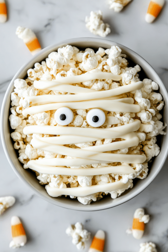 Mummy Popcorn. Halloween popcorn recipe in a bowl with candy eyes and white chocolate drizzle.