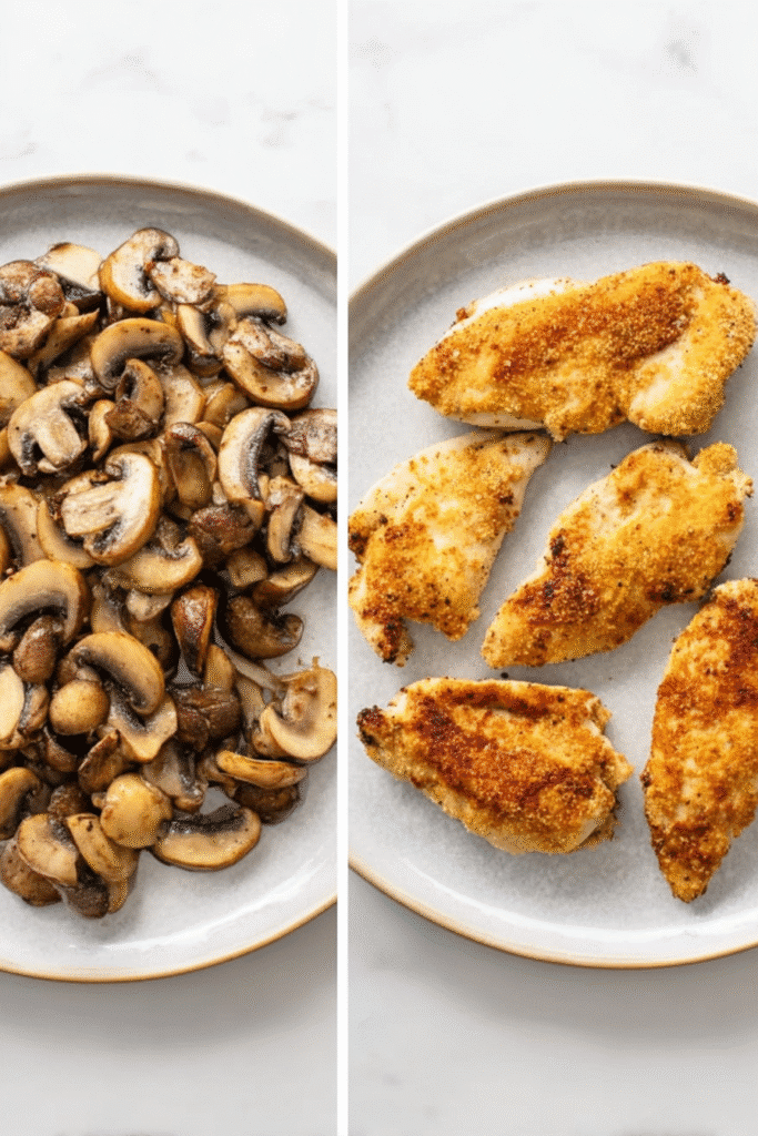 Step-by-step mushroom chicken recipe with sautéed mushrooms and golden seared chicken breasts on plates.