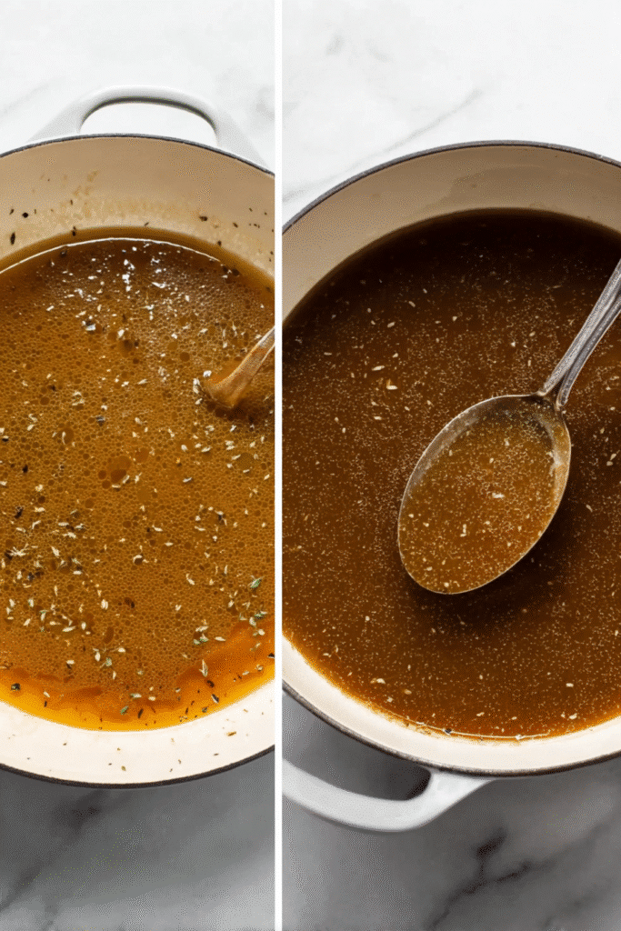Step-by-step mushroom chicken sauce preparation with broth poured and thickened in a skillet.