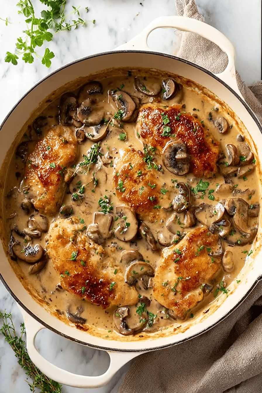 Creamy mushroom chicken skillet with golden seared chicken and fresh parsley garnish.