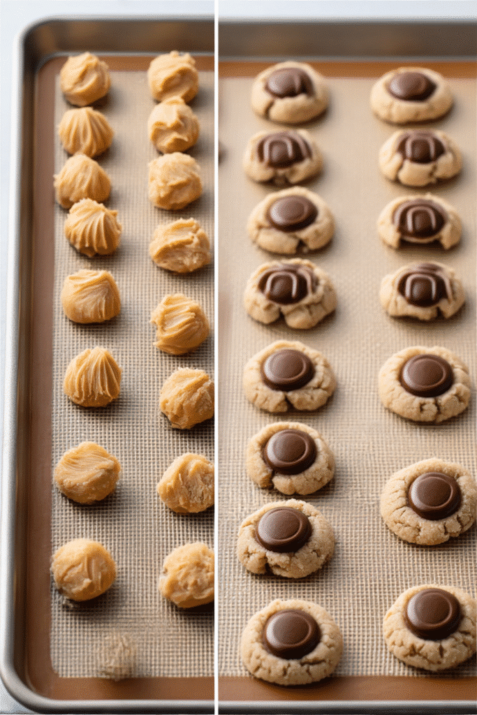 Side-by-side image of raw peanut butter cookie dough balls and baked cookies topped with chocolate candy on a silicone mat.