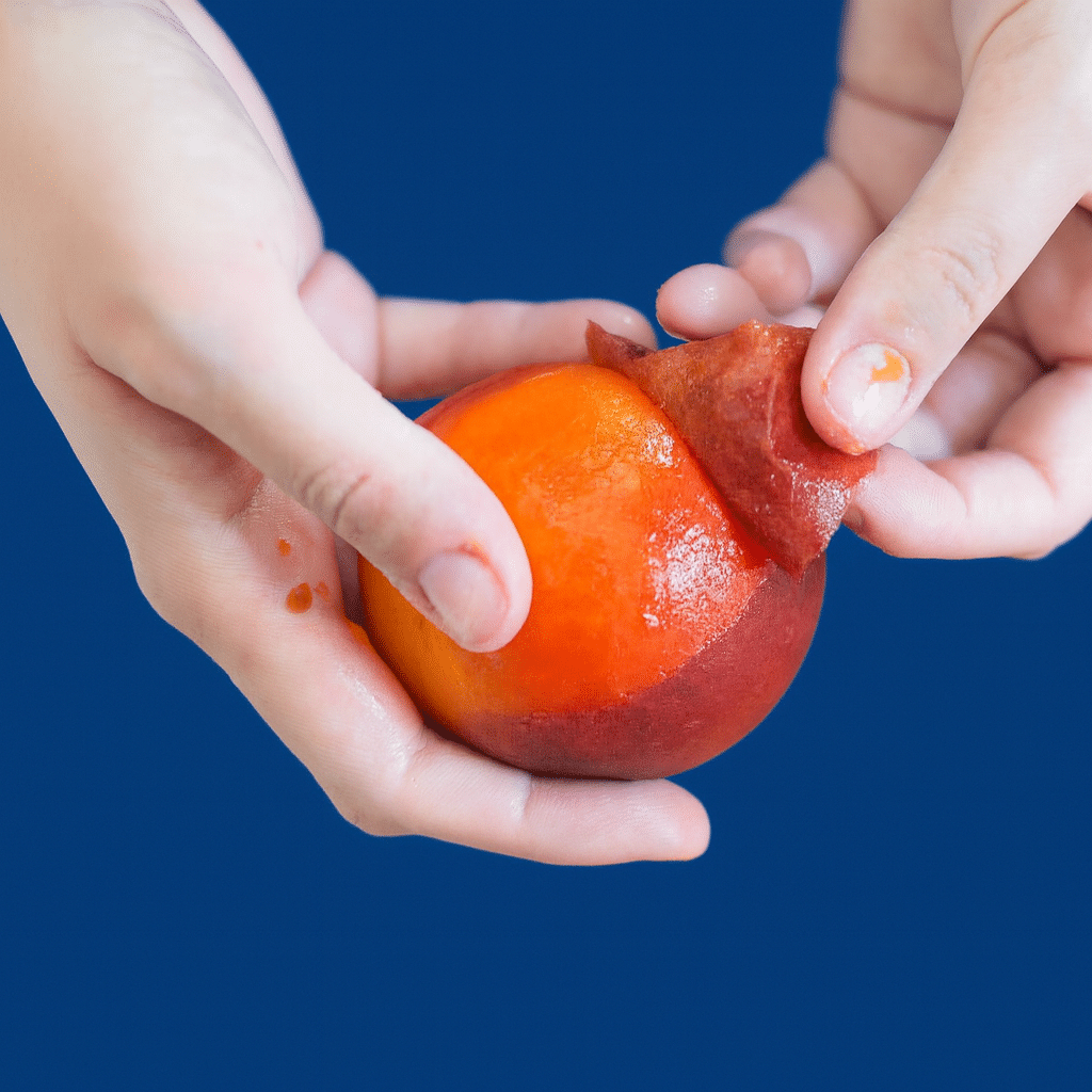 Hands peeling skin from ripe peach on cutting board for fresh peach jam.