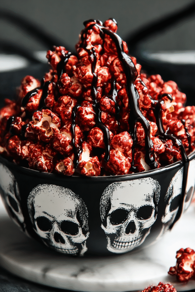 Poison Apple Popcorn in skull bowl. Freaky-fun Halloween recipe with red popcorn and chocolate drizzle.