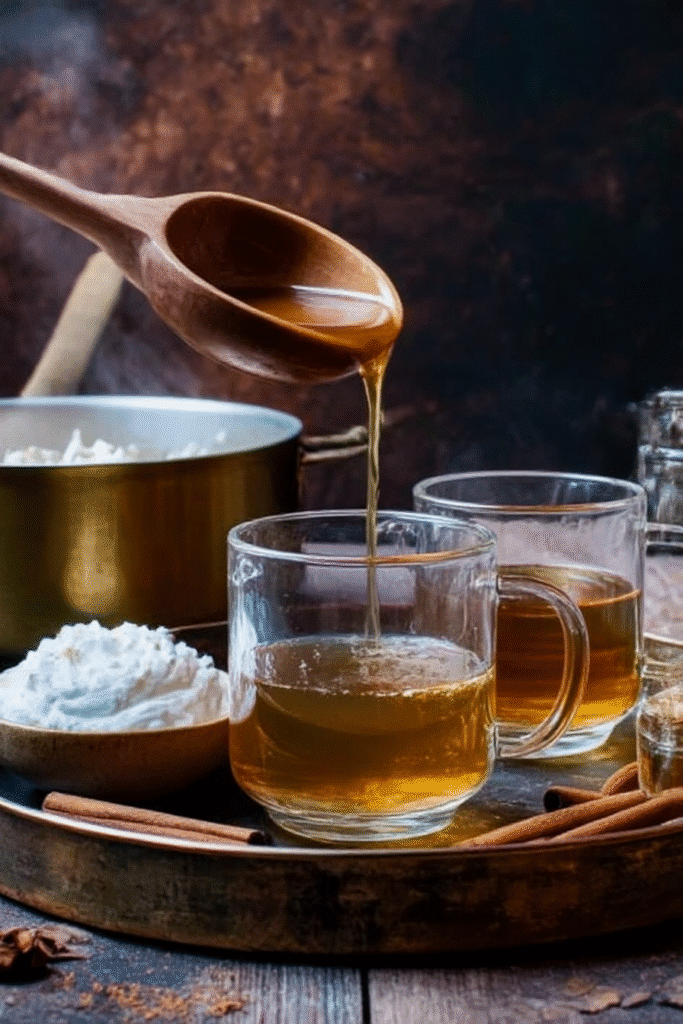 Wooden ladle pouring warm caramel spiced apple cider into clear mugs, with whipped cream and spices nearby on a rustic tray.