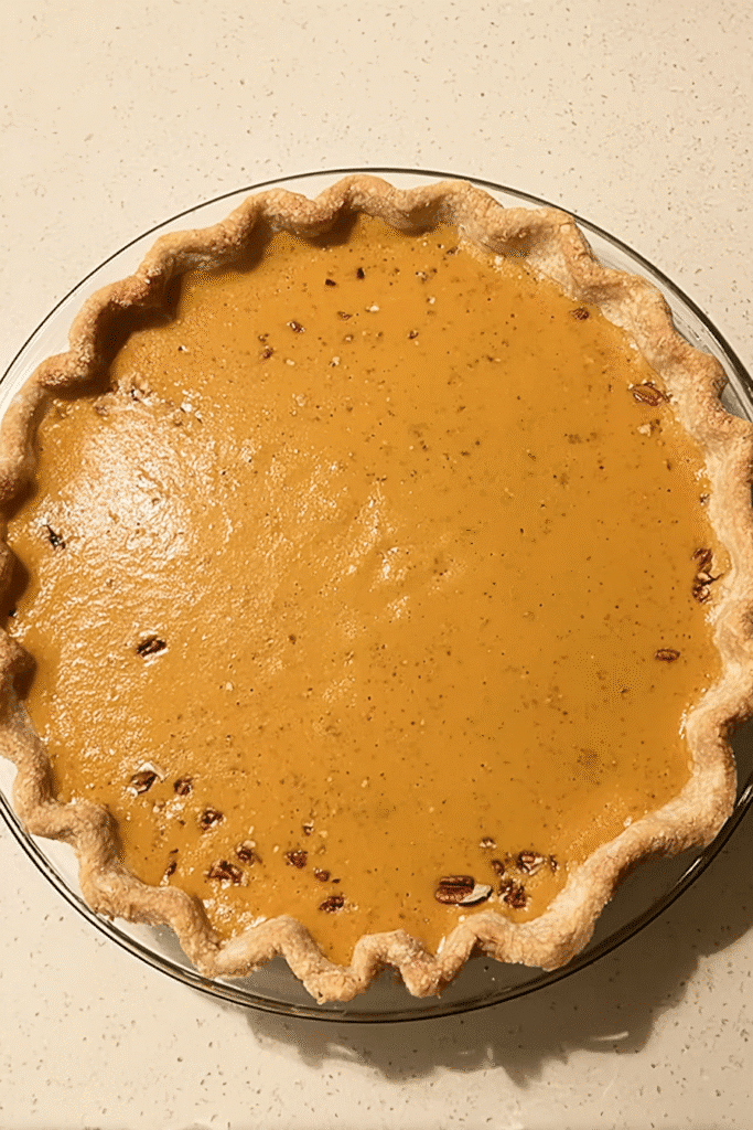 Unbaked praline pumpkin pie with smooth pumpkin custard in a golden crust, ready for the oven.