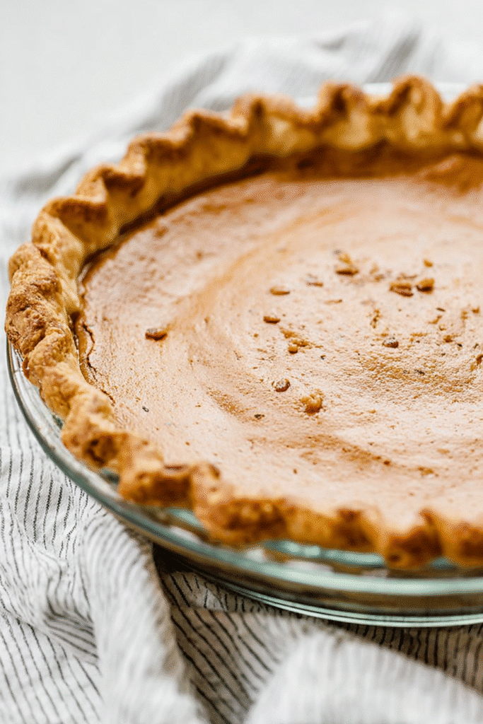 Baked praline pumpkin pie with set pumpkin custard and golden crust, before topping.