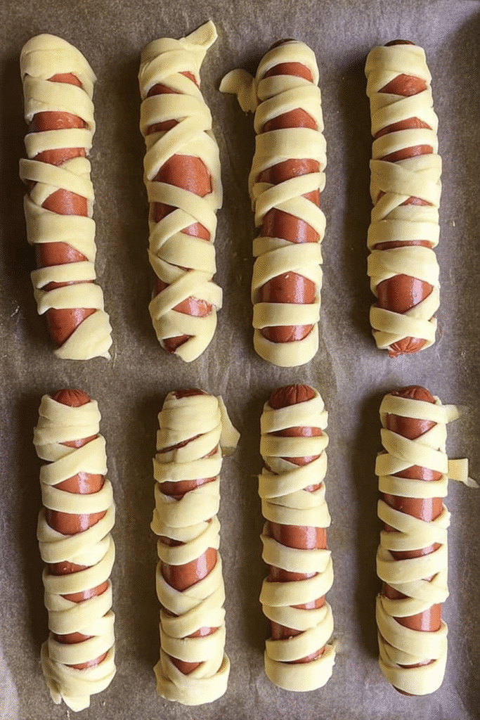 This pre-bake stage of the mummy hotdog recipe shows how to wrap hotdogs in crescent dough strips for a fun Halloween twist.