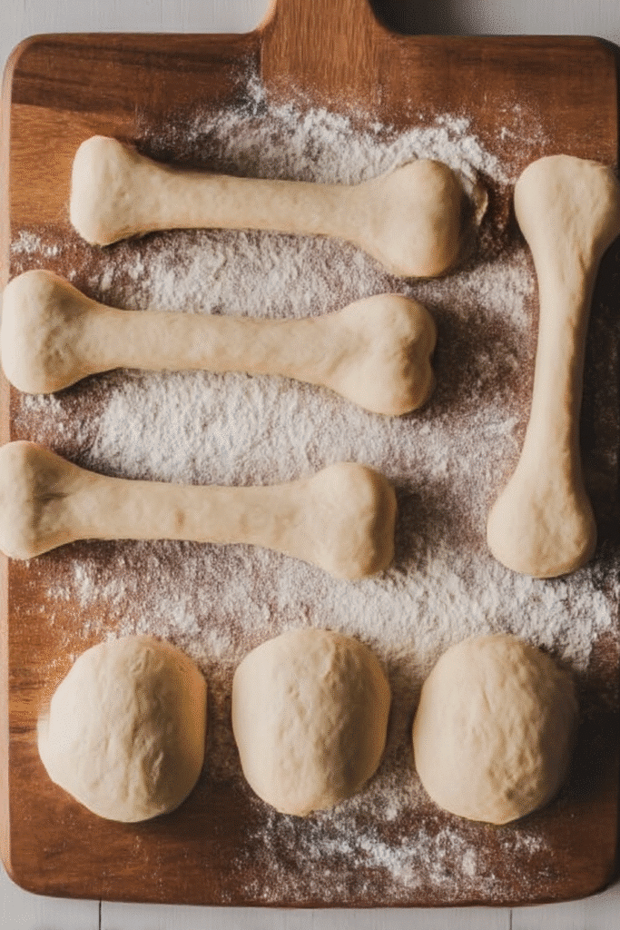 Unbaked cheesy Halloween breadstick bones shaped from dough on a floured wooden cutting board.