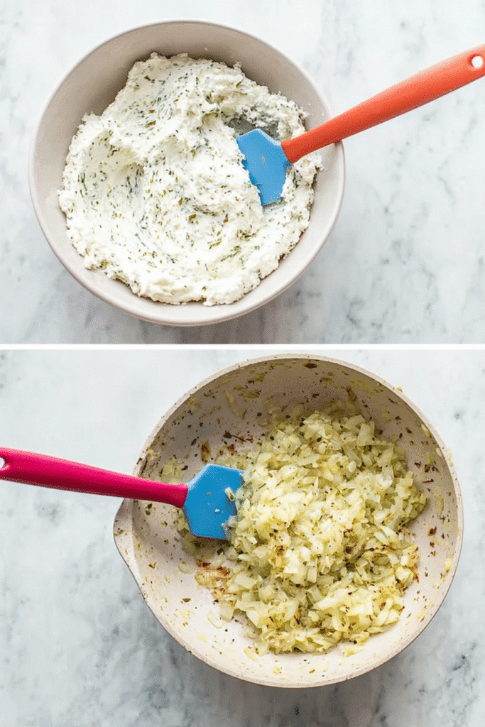 Whipped ricotta cheese and sautéed onions being prepared for ricotta meatballs recipe.