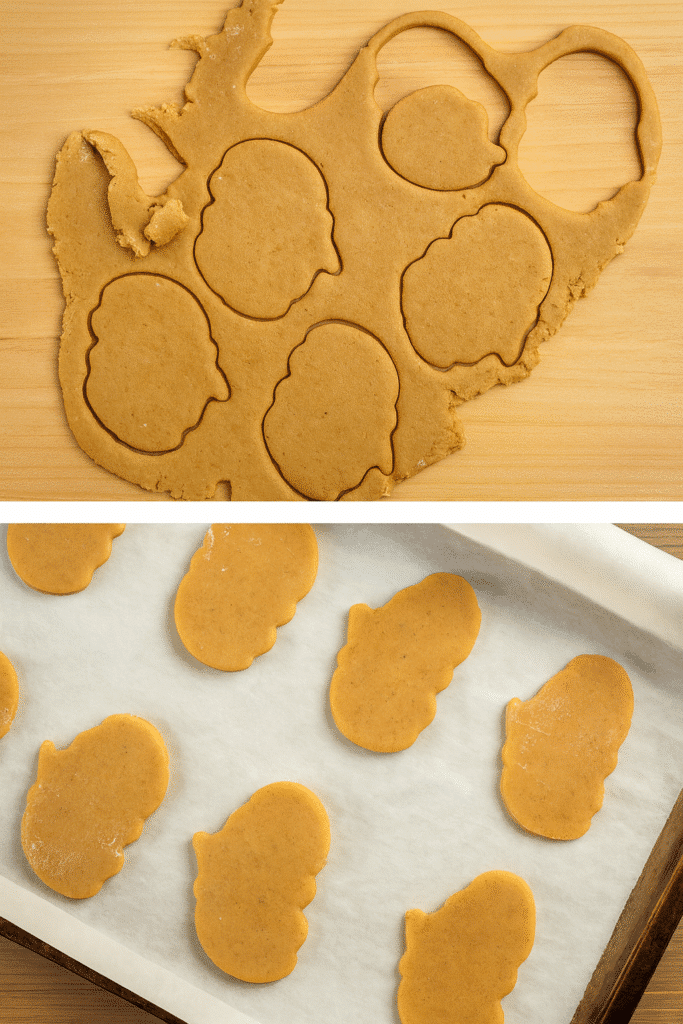 Rolled-out pumpkin spice sugar cookie dough with cutouts and unbaked cookies on a parchment-lined baking sheet.