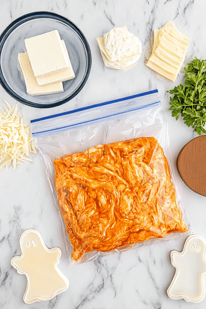 Buffalo chicken mixture in a ziplock bag with cheese, ranch, and Halloween-themed cookie cutter.