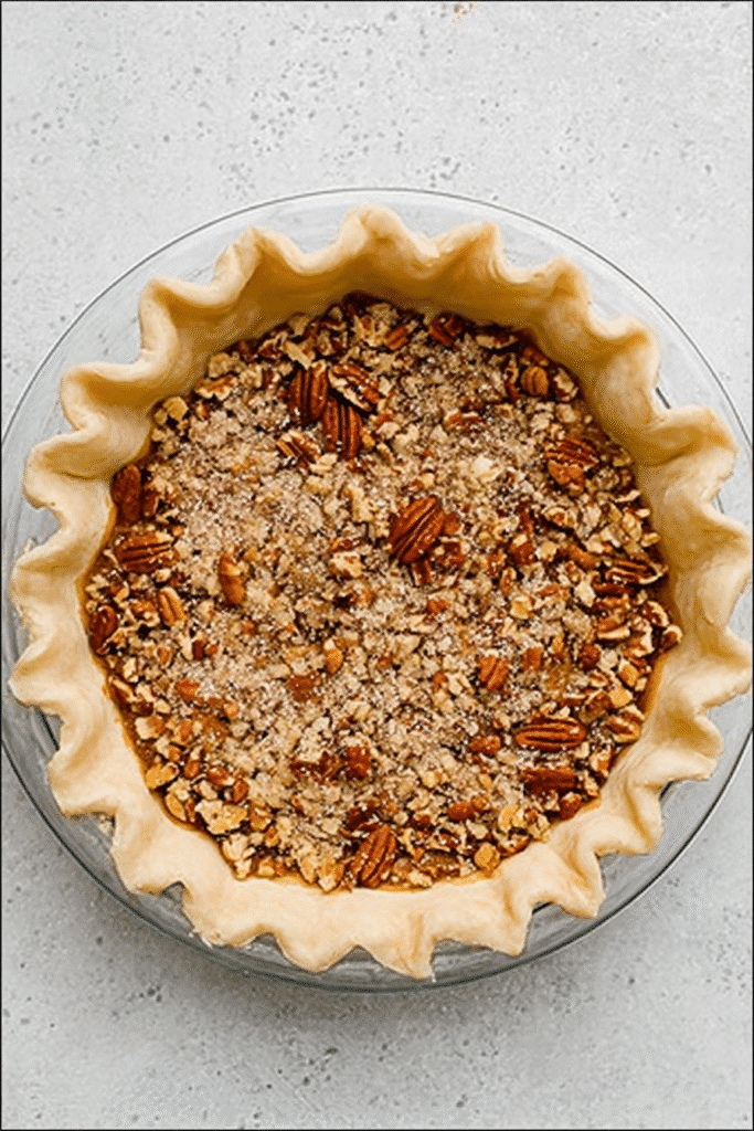 Unbaked praline pumpkin pie crust filled with chopped pecans and brown sugar in a glass pie dish.