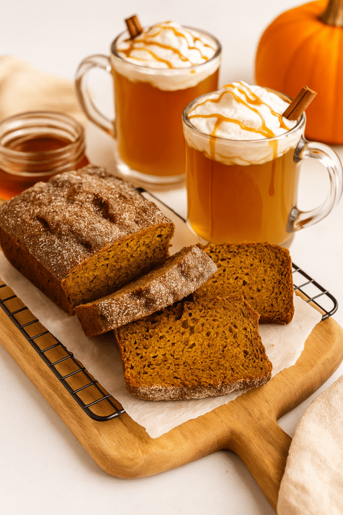 Caramel spiced apple cider with whipped cream and caramel drizzle, served with moist pumpkin bread on a wooden board.