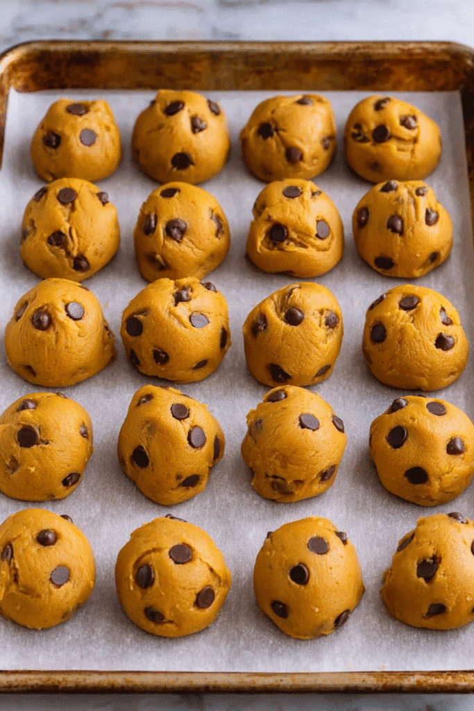 Pumpkin chocolate chip cookie dough balls lined up on a baking tray before baking.