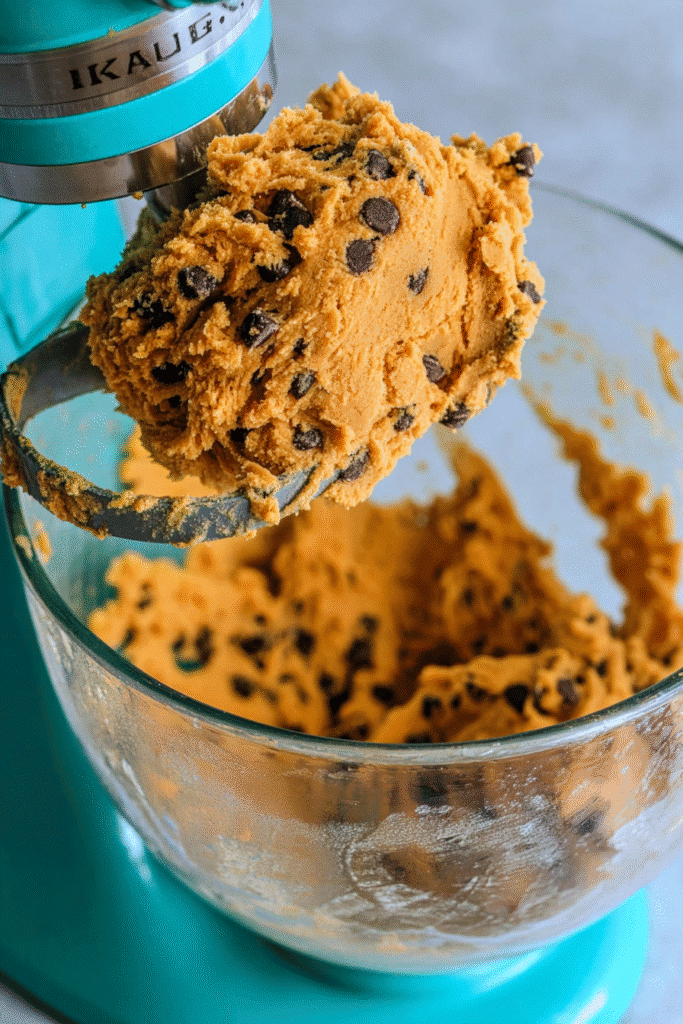 Pumpkin chocolate chip cookie dough clinging to a mixer paddle above a glass mixing bowl.