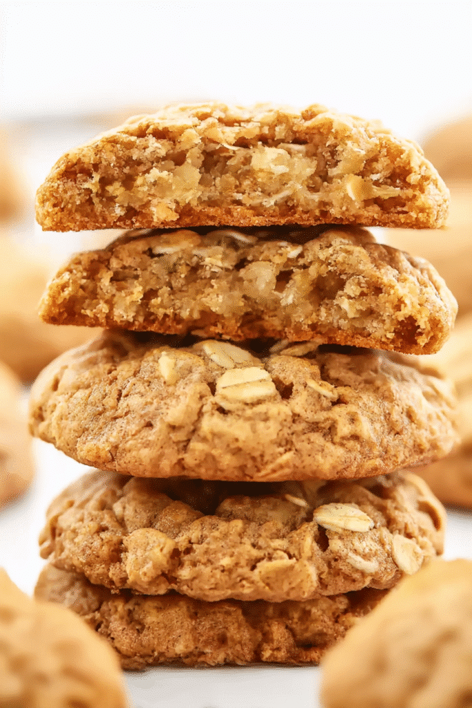 Stacked pumpkin oatmeal cookies with the top cookie broken open to reveal a soft, chewy center.