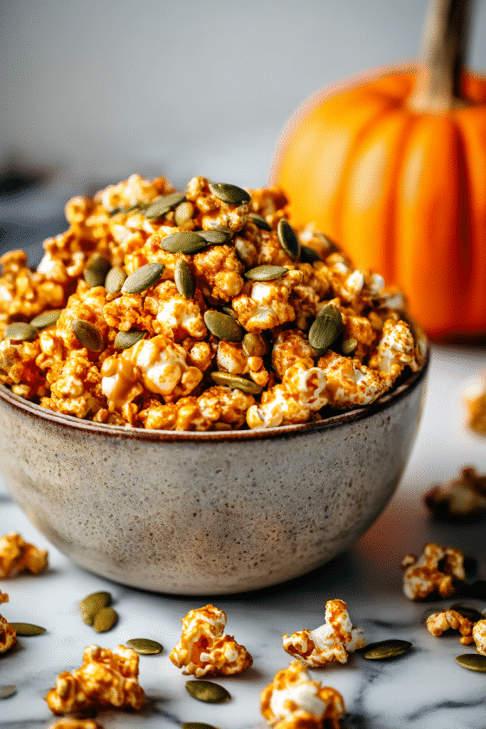 Pumpkin Spice Popcorn topped with caramel and pepitas – a cozy fall treat from 15 Halloween Popcorn Recipes.
