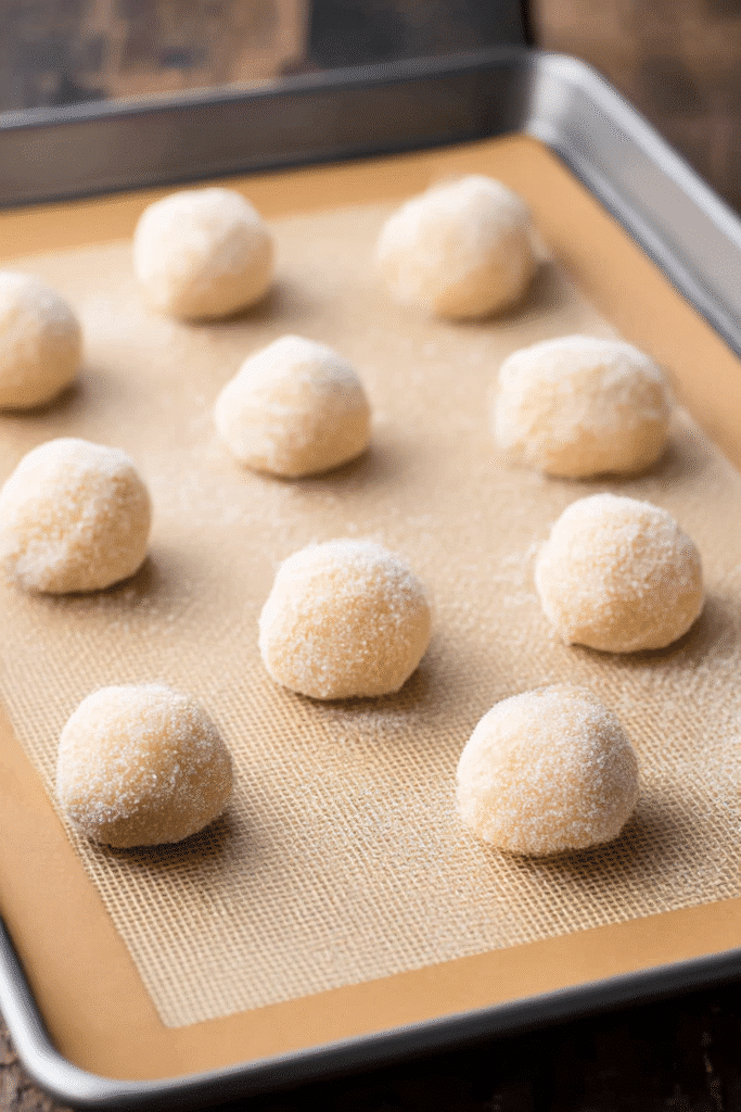 Pumpkin sugar cookie dough balls coated in sugar on a baking tray