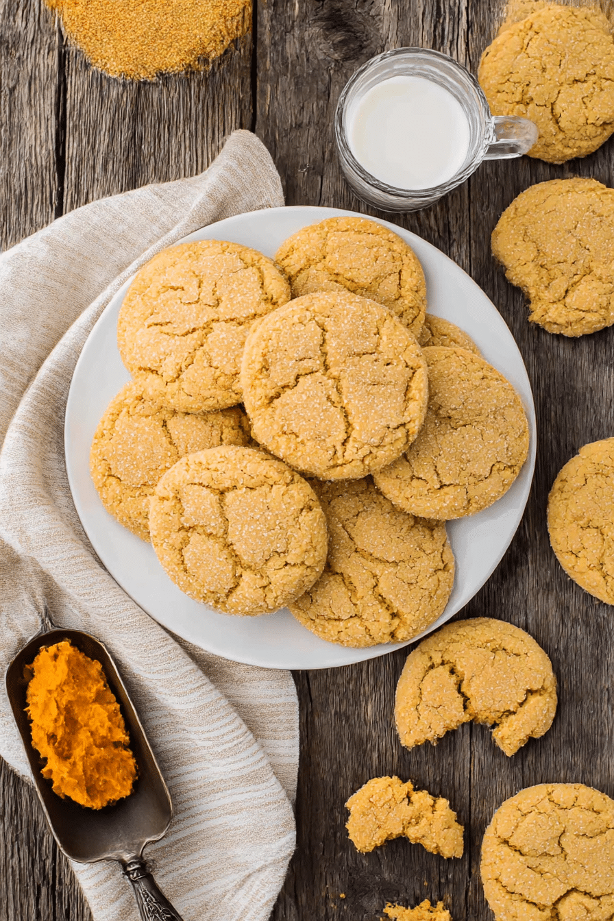 Overhead view of pumpkin sugar cookies on a white plate with pumpkin purée and milk
