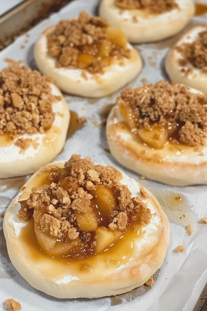 Unbaked Apple Pie Cheesecake Brioche Buns on a parchment-lined tray topped with apple filling and cinnamon-sugar crumble.