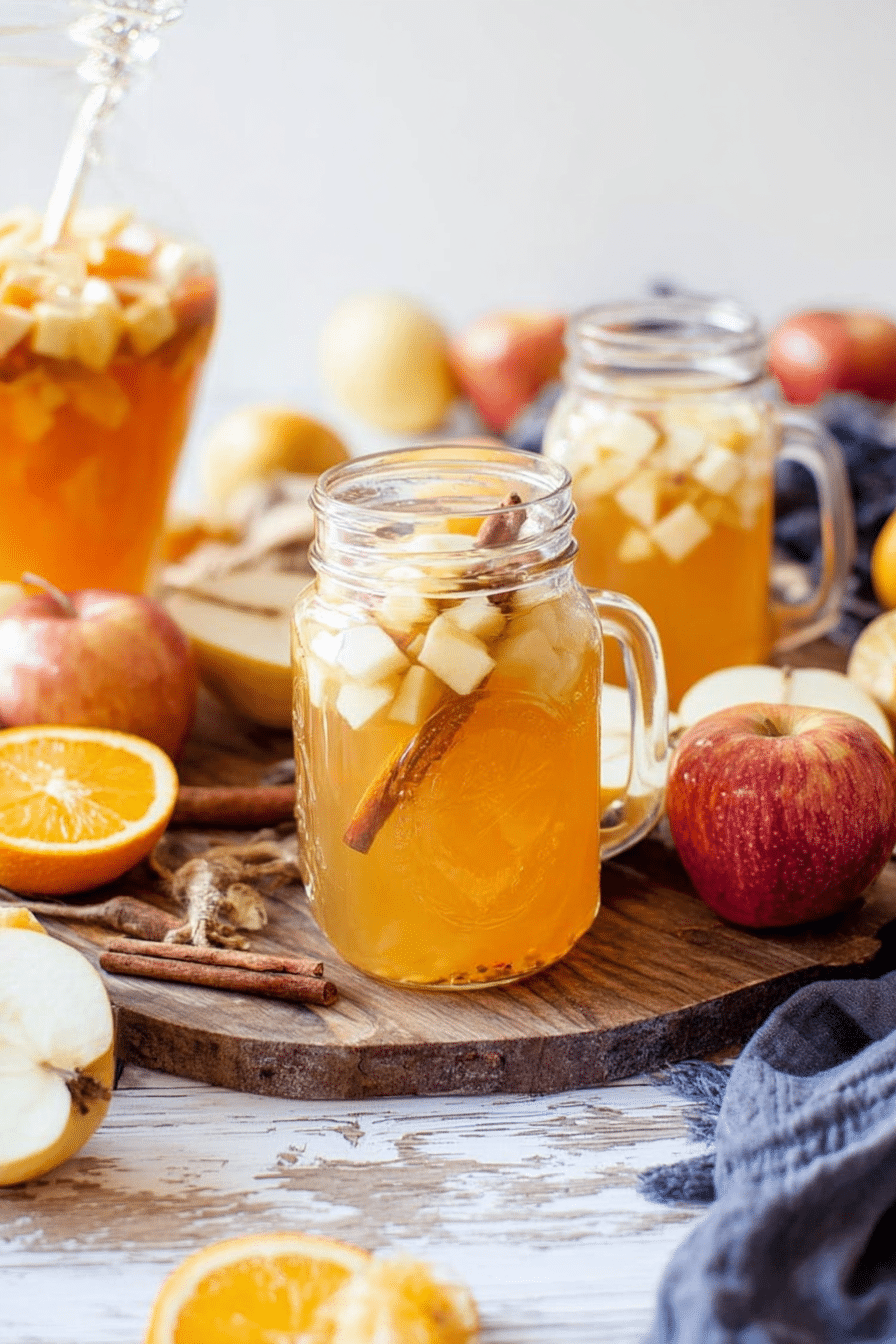 Apple cider sangria in mason jars with apple chunks and cinnamon, styled with fresh fruit on a rustic wooden board.