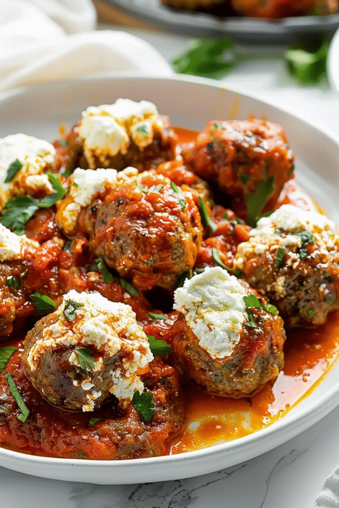 A hearty serving of ricotta meatballs smothered in tomato sauce and creamy ricotta, perfectly garnished and ready to enjoy.