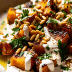 Roasted pumpkin with lemon yogurt sauce and pine nuts, topped with parsley on a ceramic plate.