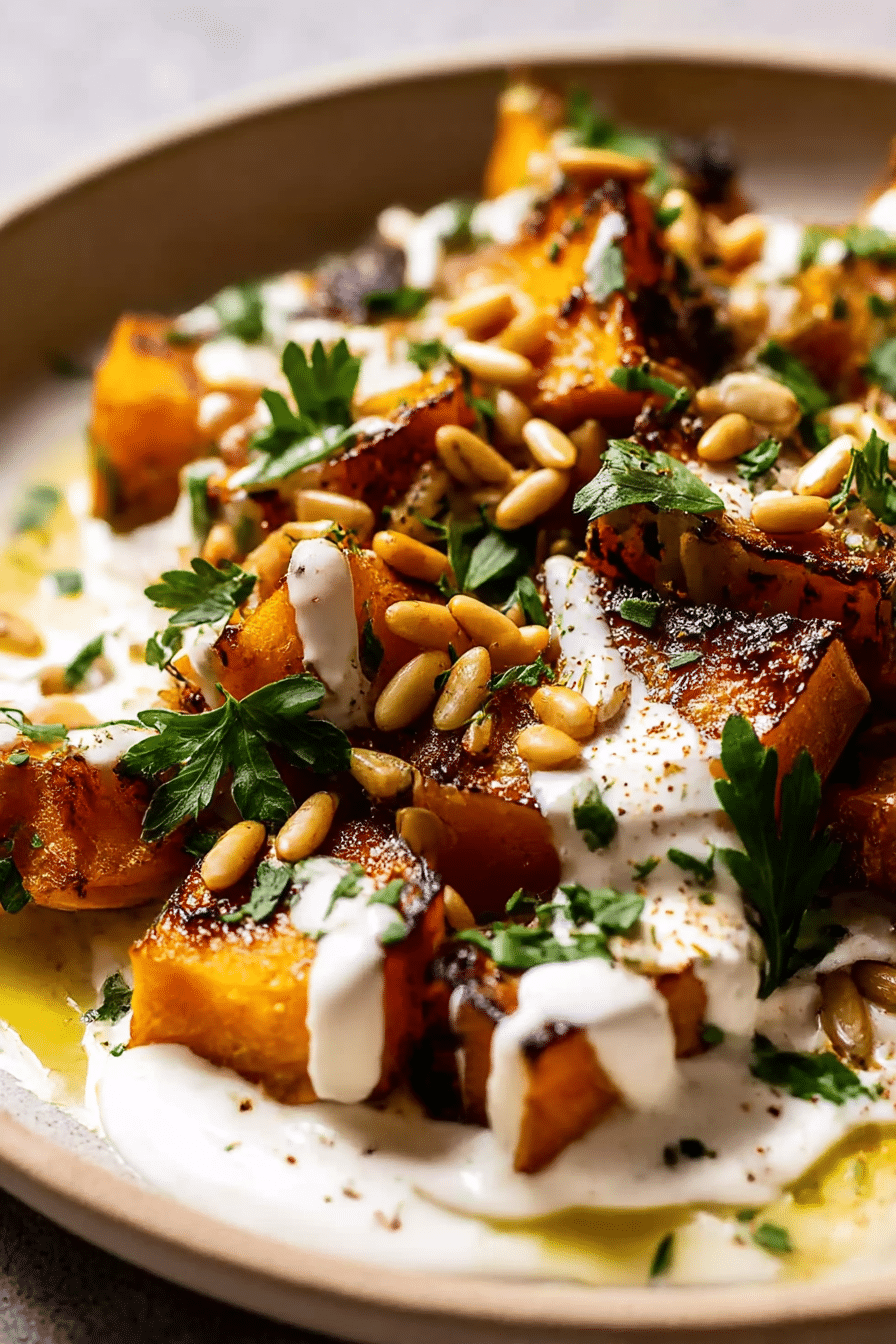Roasted pumpkin with lemon yogurt sauce and pine nuts, topped with parsley on a ceramic plate.