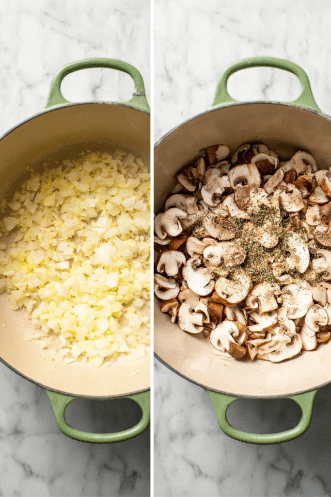 Step-by-step photo of sautéed onions and seasoned mushrooms in a Dutch oven for creamy chicken lasagna soup