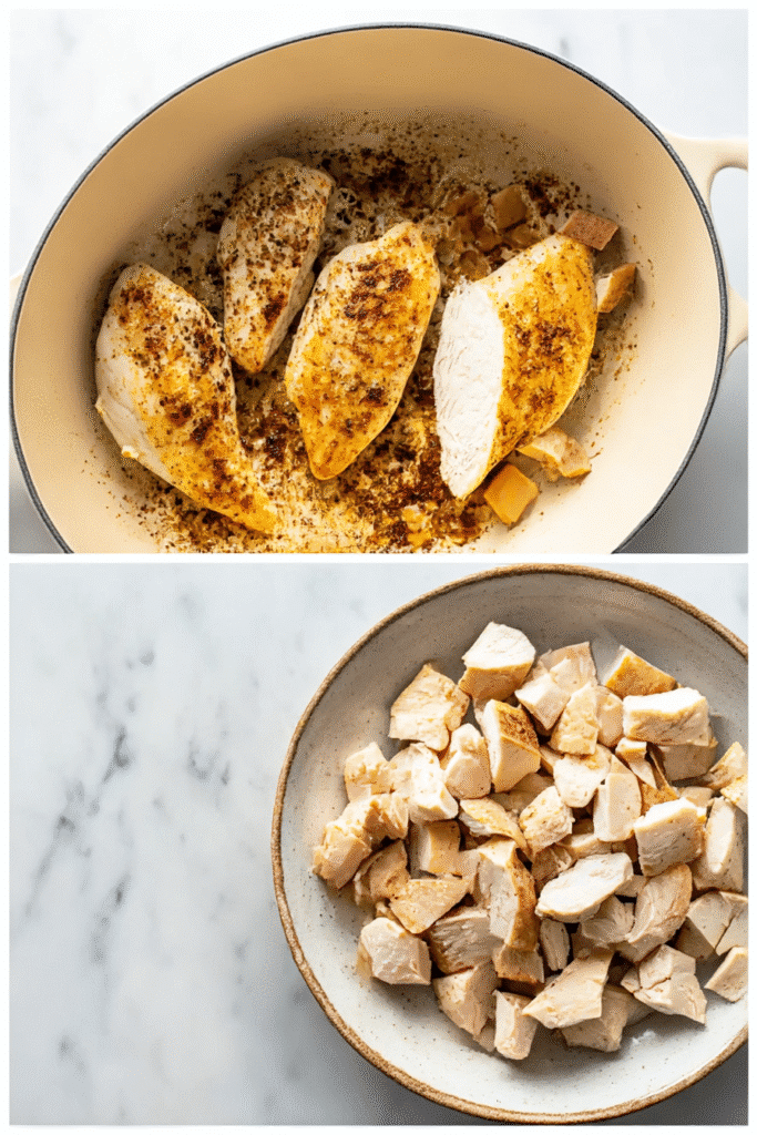 Seared and diced chicken breasts for lemon chicken orzo soup recipe.
