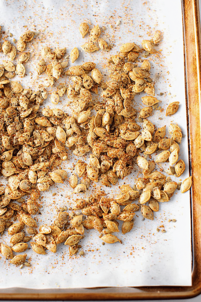 Seasoned pumpkin seeds spread on parchment paper on a baking sheet, ready for roasting.