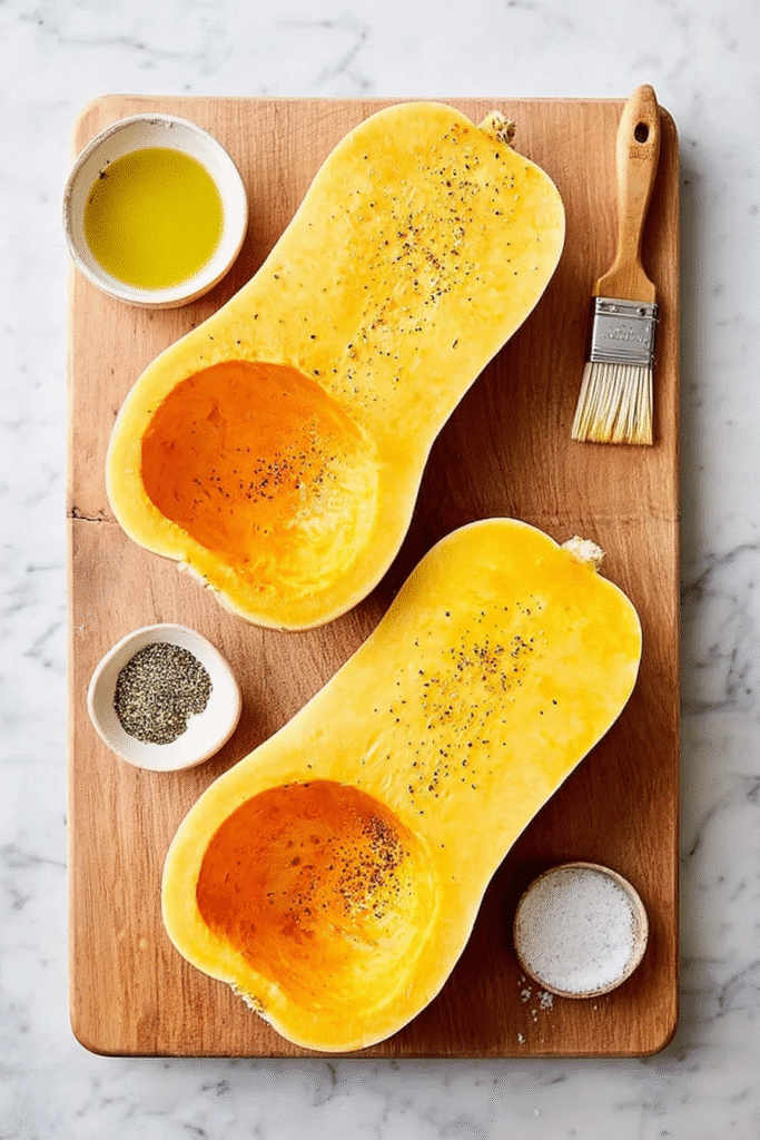 Butternut squash halves seasoned and ready to roast for Apple Sausage Stuffed Butternut Squash recipe