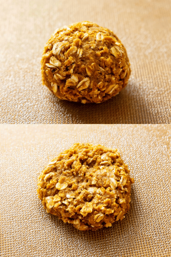 Pumpkin oatmeal cookie dough ball and flattened disc on baking mat