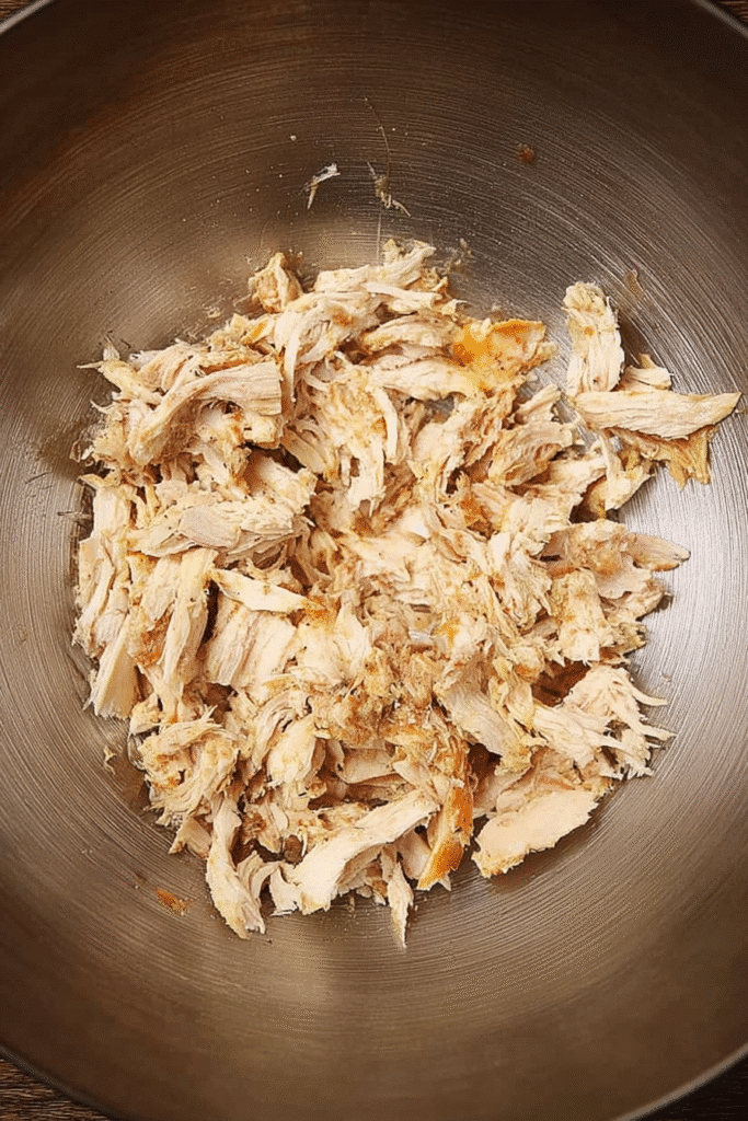 Shredded chicken in a mixing bowl for homestyle chicken and gravy recipe.