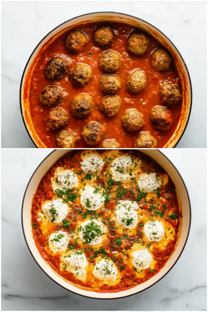 Side-by-side image of raw and cooked ricotta meatballs on ceramic plates.