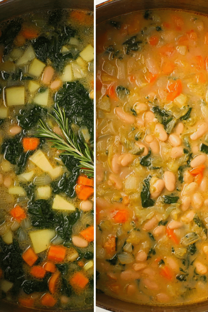 Simmering and final stages of the best white bean soup with spinach, vegetables, and herbs in a creamy broth