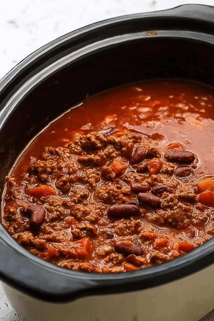 Slow cooker chili simmering with beef, beans, and tomatoes.