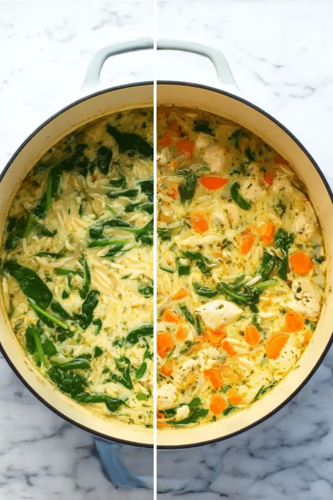 This visual shows the lemon chicken orzo soup just before and after final assembly, highlighting the creamy broth, spinach, carrots, and tender chicken.