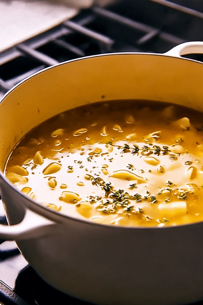 Simmering Alfredo lasagna soup with noodles and thyme in a white Dutch oven